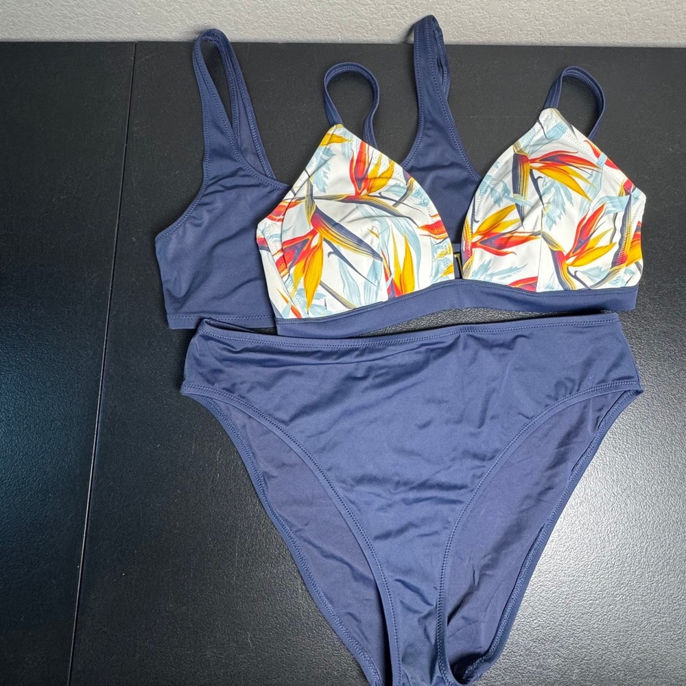 Lively Navy Blue High Waisted Bikini Set & Floral Busty Bralette Top Size M 2